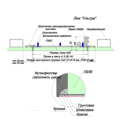 Монтажная схема люка под покраску Ультра с привязками к размерам